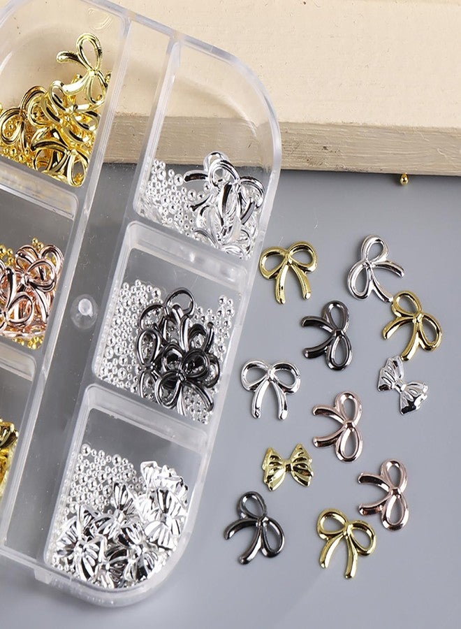 زينة أظافر على شكل فيونكات، علبة واحدة من زينة الأظافر ثلاثية الأبعاد على شكل فيونكات ذهبية وفضية، إكسسوارات لتزيين الأظافر، مصنوعة من سبيكة معدنية، مرصعة بأحجار الراين، مجوهرات أظافر لطيفة للنساء والفتيات، لوازم تزيين الأظافر بنفسك - Image 2